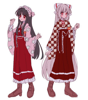 Rule 34 | 2girls, alternate costume, animal print, blush, boots, bow, bowtie, brown boots, brown hair, brown kimono, checkered clothes, checkered kimono, closed mouth, commentary request, frilled hairband, frills, fujiwara no mokou, full body, grey hair, hair bow, hairband, hakama, hakama skirt, heart, heart-shaped pupils, highres, houraisan kaguya, japanese clothes, kimono, long hair, long sleeves, looking at viewer, multiple girls, pink hairband, print kimono, rabbit print, red bow, red bowtie, red eyes, red skirt, simple background, skirt, smile, symbol-shaped pupils, tamiko (tamik0224), touhou, very long hair, white background, white bow, wide sleeves, yellow kimono
