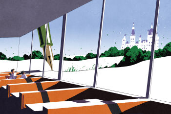 2boys black_hair blue_sky booth_seating building bush castle commentary_request grey_shirt highres iida_kento indoors multiple_boys original oversized_object pen restaurant scenery shirt short_hair sky table white_shirt window