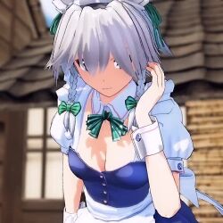 1girl 3d animated arms_behind_back blue_eyes breasts cleavage closed_eyes grey_hair half-closed_eyes happy izayoi_sakuya leaning_forward looking_at_viewer medium_breasts mofumoko5 naughty_face seductive_gaze seductive_smile smile solo tagme teasing top_pull touhou video
