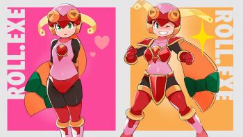 1girl 3suisousui armor arms_behind_back bikini_armor black_bodysuit blonde_hair bodysuit border character_name clenched_hands green_eyes helmet highres leotard long_hair mega_man_(series) mega_man_battle_network_(series) multiple_views one_eye_closed parted_lips pink_background pink_helmet pink_leotard red_armor roll.exe_(mega_man) simple_background smile teeth white_border yellow_background