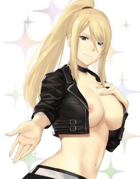 +nintendo 1girl absurdres alternate_costume bikini bikini_top_only bikini_under_clothes black_choker blonde_hair blue_eyes breasts buckle choker cleavage closed_mouth female_focus front-tie_bikini_top front-tie_top hair_over_one_eye hand_on_own_chest high_ponytail highres j@ck large_breasts long_hair looking_at_viewer metroid mole mole_under_mouth navel nintendo no_bra outstretched_arm ponytail ribbon samus_aran short_sleeves sidelocks smile solo sparkle_background stomach swept_bangs swimsuit underboob upper_body white_background white_bikini white_ribbon
