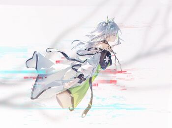 Rule 34 | 1girl, animal ear fluff, animal ears, arknights, bare shoulders, blurry, blurry background, closed eyes, closed mouth, commentary, cropped legs, depth of field, dress, from side, glitch, green dress, grey background, grey hair, highres, jacket, kal'tsit (arknights), long hair, lxc, off-shoulder jacket, off shoulder, profile, solo, white jacket