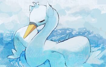 animal_focus beak bird black_eyes gen_5_pokemon nintendo no_humans pokemon pokemon_(creature) pokemon_focus sakuraiisui solo swan swanna water white_wings wings