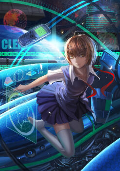 00s 1girl cellphone computer_keyboard english_text engrish_text female_focus floating hair_ornament hairclip hexagon hoshi_no_koe nagamine_mikako phone planet ranguage saber_01 school_uniform solo space thighhighs white_thighhighs zero_gravity zettai_ryouiki