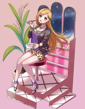 1girl animal_print blonde_hair blush bracelet breasts brown_jacket chopsticks cleavage commentary_request dress dress_under_shirt ear_piercing earrings eyelashes food fujimoto_rina full_body grey_eyes heart heart_necklace high_heels holding holding_chopsticks ich. idolmaster idolmaster_cinderella_girls jacket jewelry leopard_print long_sleeves necklace on_stool open_clothes open_jacket open_mouth piercing plant print_dress purple_shirt shirt sitting sky solo star_(sky) starry_sky undercut window