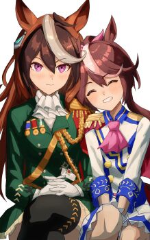 Rule 34 | 2girls, aiguillette, amamoru 21, animal ears, ascot, black thighhighs, blush, bow, breasts, brown hair, buttons, cape, closed eyes, closed mouth, commentary request, crossed arms, double-breasted, ear ornament, ear ribbon, earrings, epaulettes, gloves, green jacket, green skirt, grin, hair between eyes, high ponytail, highres, horse ears, horse girl, jacket, jewelry, long hair, long sleeves, looking at viewer, medal, medium breasts, multicolored hair, multicolored jacket, multiple girls, open mouth, pink ascot, ponytail, purple eyes, red cape, shirt, side cape, single earring, single epaulette, sitting, skirt, small breasts, smile, streaked hair, symboli rudolf (emperor's path) (umamusume), symboli rudolf (umamusume), thighhighs, tokai teio (peak joy) (umamusume), tokai teio (umamusume), two-tone hair, two-tone jacket, two-tone skirt, umamusume, umamusume horse relations, white ascot, white gloves, white hair, white jacket, white skirt