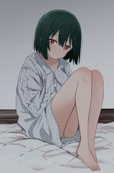 1girl abe_kanari bare_legs barefoot blush closed_mouth collarbone commentary_request green_hair green_panties highres knees_up looking_at_viewer love_live! love_live!_nijigasaki_high_school_idol_club mifune_shioriko panties panty_peek red_eyes short_hair sitting sleeves_past_fingers sleeves_past_wrists solo sweater underwear white_sweater
