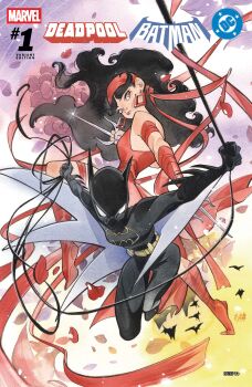 2girls absurdres bandana bat_(animal) batman_symbol black_bodysuit black_hair bodysuit boots cassandra_cain comic_cover company_name copyright_logo copyright_name cowl crossover deadpool_(series) earrings elektra elektra_natchios flower grey_eyes highres holding holding_whip jewelry knee_up leotard logo long_hair looking_at_viewer looking_to_the_side marvel multiple_girls official_art peach_momoko petals red_bandana red_boots red_leotard sai_(weapon) weapon whip