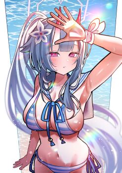 1girl absurdres alternate_breast_size arm_up armpits bikini blue_archive blue_hair chise_(blue_archive) chise_(swimsuit)_(blue_archive) flower hair_flower hair_ornament halo highres horns hrons i-nn looking_at_viewer navel ocean solo swimsuit twitter