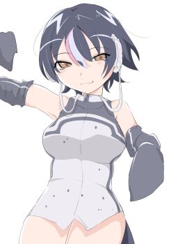 1girl arm_up armpits bare_shoulders black_hair brown_eyes commentary_request elbow_gloves galapagos_penguin_(kemono_friends) gloves headphones highres hood hoodie kamisamanosaba kemono_friends looking_at_viewer multicolored_hair penguin_girl penguin_tail short_hair simple_background sleeveless solo streaked_hair tail zipper