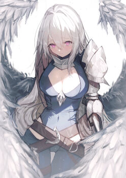 1girl absurdres armor breasts character_request closed_mouth commentary_request commission copyright_request highres large_breasts long_hair looking_at_viewer pppmepl purple_eyes simple_background skeb_commission standing white_background white_hair wings