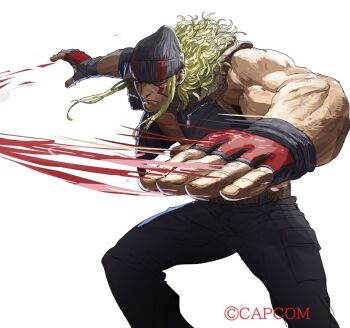 Rule 34 | alex (street fighter), beanie, biceps, black pants, blonde hair, commentary request, company name, copyright notice, facepaint, fingerless gloves, gloves, hat, motion lines, muscular, muscular male, official art, pants, speed lines, street fighter, street fighter 6, takayuki nakayama, vest