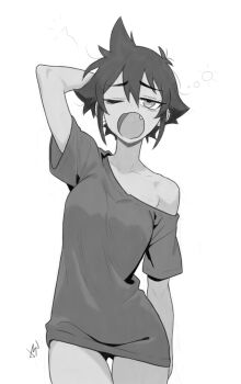 1girl absurdres arm_behind_head commentary english_commentary fang greyscale highres its_tsuica monochrome one_eye_closed open_mouth original shirt short_hair simple_background solo t-shirt tomboy yawning