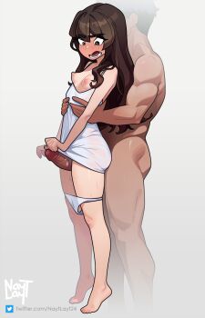 1boy 1girl blush breasts breasts_out camisole clothed_female_nude_male commentary hanging_legs dark_penis embarrassed english_commentary erection full-face_blush full_body head_out_of_frame height_difference hetero highres iona_(nayt_layt) large_penis lifting_person long_hair looking_at_penis lower_teeth_only nayt_layt no_bra nude open_mouth original panties panty_pull penis penis_awe perky_breasts petite sex sex_from_behind small_breasts solo_focus sweat teeth thick_eyebrows thigh_sex tiptoes uncensored underwear wet wet_clothes white_camisole white_panties