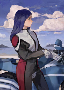 Rule 34 | 1girl, absurdres, aficksuna, biker clothes, bikesuit, blue hair, blue sky, bodysuit, closed mouth, cloud, commentary request, day, expressionless, gloves, green eyes, highres, horizon, kuga natsuki, long hair, motor vehicle, motorcycle, my-hime, ocean, outdoors, sky, solo, white gloves