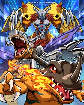 Rule 34 | absurdres, armor, blue background, blue eyes, breath weapon, breathing fire, broonoart, claw (weapon), claws, colored skin, commission, cyborg, digimon, digimon (creature), dinosaur, dragon, evolutionary line, fire, green eyes, greymon, helmet, highres, horns, mechanical arms, metalgreymon, orange skin, purple wings, red eyes, red hair, short hair, single mechanical arm, torn wings, wargreymon, weapon, wings, yellow armor