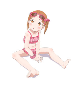 Rule 34 | 1girl, barefoot, bikini, blush, brown eyes, brown hair, eyewear on head, feet, frilled bikini, frills, full body, highres, ichigo mashimaro, looking at viewer, matsuoka miu, mitsuo252, navel, open mouth, pink bikini, solo, sunglasses, swimsuit, twintails
