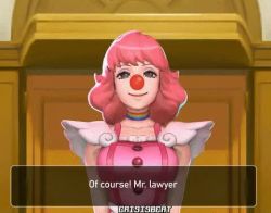 1girl 3d ace_attorney animated artist_name clown clown_girl clown_nose confetti convenient_censoring courtroom crisisbeat english_text geiru_toneido gloves grey_eyes jiggle long_hair lowres no_bra phoenix_wright:_ace_attorney_-_spirit_of_justice pink_hair smile solo standing subtitled suspenders suspenders_pull video