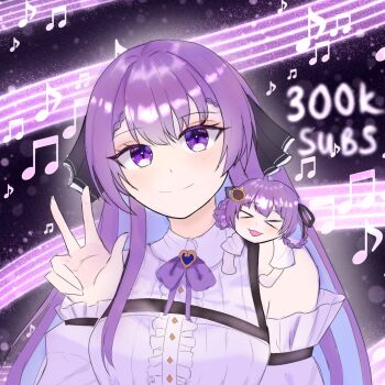 Rule 34 | 2girls, closed eyes, collared shirt, detached sleeves, highres, indie virtual youtuber, legendladd, long hair, looking at viewer, mother and daughter, multiple girls, musical note, otsuka ray, purple eyes, purple hair, reika (otsuka ray), shirt, sleeveless, sleeveless shirt, v, virtual youtuber, white shirt, white sleeves
