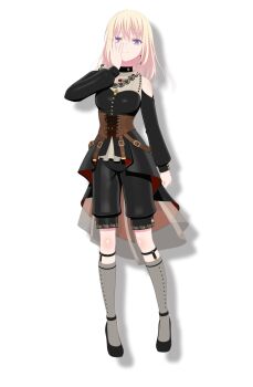 Rule 34 | 1girl, bang dream!, bang dream! it's mygo!!!!!, black dress, black footwear, black shorts, blonde hair, breasts, brooch, brown corset, closed mouth, clothing cutout, corset, doloris (bang dream!), dress, earrings, full body, garter straps, grey socks, hair between eyes, hand on own face, jewelry, kneehighs, lcl, long sleeves, looking at viewer, medium breasts, medium hair, misumi uika, no mask, official art, purple eyes, shorts, shorts under dress, shoulder cutout, simple background, socks, solo, tachi-e, transparent background