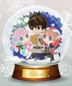 Rule 34 | 01 (zeroichi srl), 1boy, 2girls, :d, atelier (series), atelier lulua, bag, blue eyes, brown eyes, brown hair, chibi, chibi only, elmerulia frixell, full body, gift, green eyes, grey background, hat, holding, holding bag, holding gift, in container, long hair, long sleeves, multiple girls, no lineart, open mouth, orange hair, paper bag, purple hair, red hat, rorolina frixell, shopping bag, short hair, smile, snow globe, snowflakes, standing, sterkenburg cranach