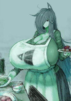 1girl 2b-ge :&gt; apron bags_under_eyes breasts chair chopsticks cleavage dress eyelashes female_focus food gigantic_breasts green_theme grey_background grey_hair hair_over_one_eye half-closed_eyes highres holding holding_plate mature_female mei&#039;s_mom_(2b-ge) original plate smile solo standing steam table taut_clothes