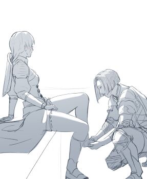 1boy 1girl absurdres bandaged_foot bandages blush breasts commentary english_commentary fire_emblem fire_emblem:_three_houses fire_emblem_warriors:_three_hopes highres leonie_pinelli looking_to_the_side lorenz_hellman_gloucester medium_breasts nintendo official_alternate_costume official_alternate_hairstyle open_mouth pomelomelon shoes short_hair short_shorts shorts single_shoe sitting sketch thighs white_background