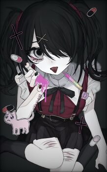 119_kqz 1girl aegyo_sal bandaid black_hair black_ribbon black_skirt black_socks blood blood_on_hands blurry_eyes censored cross doodle_inset drugs hair_ornament hair_over_one_eye highres looking_at_viewer mosaic_censoring needy_girl_overdose pien_cat_(needy_girl_overdose) pill pink_blood red_shirt ribbon scar scar_on_arm scar_on_leg seiza self-harm shirt short_twintails sitting skirt socks solo suspender_skirt suspenders thigh_cutting tongue tongue_out twintails wrist_cutting x_hair_ornament