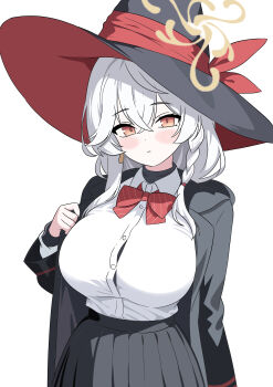 1girl absurdres arm_at_side black_hat black_jacket black_skirt blue_archive blush bow bowtie braid breasts brown_halo buttons collared_shirt commentary cowboy_shot crossed_bangs diagonal-striped_bow diagonal-striped_bowtie diagonal-striped_clothes dress_shirt earrings eri_(blue_archive) grey_hair gubee hair_between_eyes halo hand_up hat hat_ribbon highres jacket jewelry large_breasts long_hair looking_at_viewer open_clothes open_jacket orange_eyes parted_lips pleated_skirt red_bow red_bowtie red_ribbon ribbon school_uniform shirt sidelocks simple_background single_braid single_earring skirt solo striped_bow striped_bowtie striped_clothes tilted_halo turtleneck white_background white_shirt witch_hat