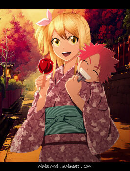 1girl animal_print aqua_obi blonde_hair brown_eyes cameo clenched_hands deviantart_username evening eyelashes facing_viewer fairy_tail female_focus fingernails food geta hand_fan hands_up happy highres holding holding_fan holding_food japanese_clothes kimono long_hair long_sleeves looking_at_viewer lucy_heartfilia mashima_hiro natsu_dragneel nature obi open_mouth outdoors plant ponytail print_yukata purple_yukata rabbit_print recolor reference_work sash short_ponytail side_ponytail sidelocks sky summer sunlight tanabata toenails toes traditional_clothes tree upper_body wide_sleeves yukata