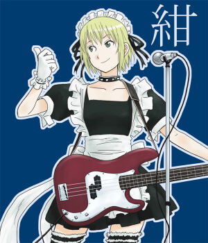 Rule 34 | 1girl, apron, black dress, blonde hair, blue background, choker, collarbone, dress, electric guitar, frilled apron, frilled garter belt, frilled gloves, frilled headwear, frills, gloves, green eyes, guitar, holding, holding guitar, holding instrument, instrument, kon futaba, looking to the side, maid, maid apron, maid headdress, microphone, microphone stand, nero (gahaku), outline, short hair, smile, solo, soredemo machi wa mawatteiru, spiked choker, spikes, square neckline, white apron, white gloves, wire