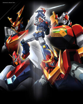 black_background blue_eyes choudenji_machine_voltes_v choudenji_robo_combattler_v combattler_v_(robot) daimos daitarn_3 glint glowing glowing_eyes highres holding holding_sword holding_weapon looking_at_viewer mecha muteki_choujin_zambot_3 muteki_koujin_daitarn_3 no_humans official_art oobari_masami robot stance super_robot sword toushou_daimos voltes_v_(mecha) weapon yellow_eyes zambot_3