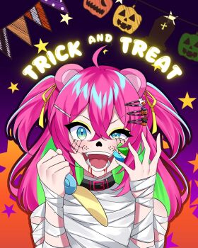 1girl ahoge animal_ears bandaged_arm bandaged_torso bandages bandaid bandaid_on_cheek bandaid_on_face black_choker blood blood_from_mouth blue_eyes choker commentary crossed_bangs double-parted_bangs english_commentary evil_smile eyeliner facepaint hair_between_eyes hair_ornament hairclip halloween hands_up highres holding holding_knife indie_virtual_youtuber knife long_hair looking_at_viewer makeup mummy_costume open_mouth pink_hair purple_background smile solo star_(symbol) straight-on teeth trick_or_treat uneven_eyes upper_body virtual_youtuber yellow_eyeliner yuma_yukino yuma_yukino_(vtuber)