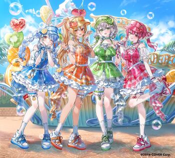 4girls :d :q ;) animal_ears blonde_hair blue_dress blue_hair braid breasts choker closed_mouth commentary_request copyright_notice day detached_sleeves double-parted_bangs dress elf extra_ears frilled_choker frilled_dress frilled_thigh_strap frills full_body green_dress green_eyes grey_hair hair_between_eyes hair_ribbon heterochromia high_ponytail highres hololive hololive_fantasy houshou_marine knees_together_feet_apart large_breasts long_hair looking_at_viewer medium_hair multicolored_hair multiple_girls nekoyashiki_pushio official_art one_eye_closed open_mouth orange_dress orange_eyes outdoors pink_dress pointy_ears ponytail puffy_detached_sleeves puffy_short_sleeves puffy_sleeves rabbit_ears rabbit_girl red_eyes red_hair red_ribbon ribbon see-through_clothes see-through_sleeves shiranui_flare shirogane_noel short_sleeves sidelocks sleeveless sleeveless_dress smile standing standing_on_one_leg streaked_hair thigh_strap tongue tongue_out twin_braids twintails two-tone_hair usada_pekora virtual_youtuber visor_cap white_hair wrist_cuffs yellow_eyes