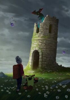 1boy amakara000 beanie brown_footwear cable_knit cloud commentary dragapult dreepy drifloon flower gen_4_pokemon gen_8_pokemon grass grey_headwear hat highres male_focus nintendo outdoors pokemon pokemon_(creature) pokemon_swsh red_shirt rock ruins shirt shoes sky sleeves_rolled_up standing suitcase symbol-only_commentary thwackey victor_(pokemon) white_flower