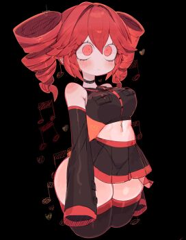 1girl ahoge bare_shoulders black_shirt black_sleeves breasts collared_shirt commentary detached_sleeves drill_hair hair_between_eyes highres kasane_teto kasane_teto_(utau) long_sleeves looking_at_viewer red_eyes red_hair shirt simple_background skirt sleeveless sleeveless_shirt solo twin_drills usa37107692 utau