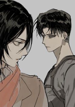 1boy 1girl bags_under_eyes black_hair brown_jacket chest_harness closed_mouth furrowed_brow grey_eyes grey_shirt hair_between_eyes harness highres jacket levi_(shingeki_no_kyojin) looking_at_another mikasa_ackerman nul parted_bangs red_scarf scarf shingeki_no_kyojin shirt short_hair upper_body