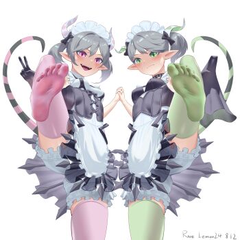2girls absurdres apron ariane_the_labrynth_servant arianna_the_labrynth_servant artist_name bloomers blush bow breasts commentary_request dated demon_girl demon_horns dress duel_monster english_text feet foot_focus frills gloves green_eyes green_thighhighs grey_hair highres holding_hands horns interlocked_fingers leg_up looking_at_viewer maid maid_apron maid_headdress medium_breasts multiple_girls no_shoes open_mouth pink_thighhighs pointy_ears purple_eyes rare_lemon shoes signature simple_background smile soles standing standing_on_one_leg tail thighhighs toes twintails underwear unworn_shoes v white_background yu-gi-oh!