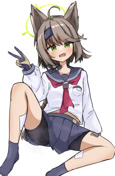 1girl absurdres animal_ears bike_shorts black_shorts blue_archive blue_sailor_collar blue_skirt brown_hair fox_ears fox_girl green_eyes green_halo halo headset highres kaiko_(ota_umitsuki) long_hair neckerchief open_mouth otogi_(blue_archive) red_neckerchief sailor_collar school_uniform serafuku shirt short_shorts shorts simple_background skirt smile solo steaming_body thighs v white_background white_shirt