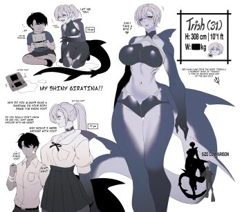 1boy 1girl age_progression bandaid bandaid_on_cheek bandaid_on_face bikini bite_mark bite_mark_on_arm bite_mark_on_leg black_bikini black_choker black_hair black_panties black_skirt breasts cero_rains choker cleavage cleavage_cutout clothing_cutout commentary earrings english_text fingernails fins fish_girl fish_tail full_body gills grey_hair hair_between_eyes hand_on_ground handheld_game_console heart height_difference highres holding holding_handheld_game_console huge_breasts indian_style information_sheet jewelry kneeling long_legs looking_at_another midriff mole mole_under_eye monster_girl navel original panties parted_lips pointy_ears ponytail puffy_short_sleeves puffy_sleeves purple_eyes shark_girl shark_tail sharp_fingernails sharp_teeth shirt short_hair short_sleeves simple_background sitting size_difference skindentation skirt small_breasts spoken_heart standing sweatdrop swimsuit symbol-only_commentary tail tall_female teeth thick_thighs thighs toned toned_female toned_male trish_(cero_rains) underwear upper_body white_background white_shirt