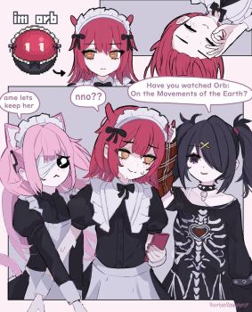 3girls @_@ ame-chan_(emo)_(needy_girl_overdose) ame-chan_(needy_girl_overdose) apron bandage_over_one_eye black_dress black_eyes black_hair black_shirt cellphone closed_mouth dress english_text hair_ornament hair_over_one_eye highres holding holding_phone juliet_sleeves long_hair long_sleeves maid maid_apron maid_headdress multiple_girls needy_girl_overdose orange_eyes p-chan_(needy_girl_overdose) personification phone pien_cat_(needy_girl_overdose) pink_hair plaid_arm_warmers puffy_sleeves red_arm_warmers red_hair shirt short_hair short_sleeves skeleton_print smile sweatdrop twintails twitter_username two_side_up white_apron white_headdress x_hair_ornament yuriyalloween