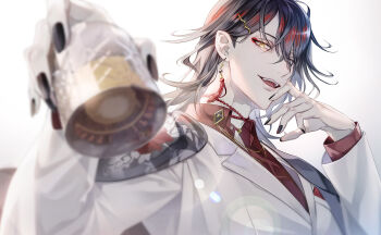 1boy alcohol black_cape black_hair black_nails blurry blurry_foreground cape collared_shirt commentary cup earrings english_commentary eyeliner eyeshadow fangs fingernails formal_clothes hair_between_eyes hair_ornament hairclip hand_on_own_chin highres holding holding_cup jacket jewelry lens_flare long_hair long_sleeves looking_at_viewer makeup male_focus manomenou medium_hair multicolored_hair nail_polish necklace necktie nijisanji nijisanji_en one_eye_closed open_mouth red_eyeliner red_eyeshadow red_hair red_shirt sharp_fingernails shirt single_earring smile solo streaked_hair suit tassel tassel_earrings teeth upper_body upper_teeth_only virtual_youtuber vox_akuma white_background white_jacket white_necktie yellow_eyes