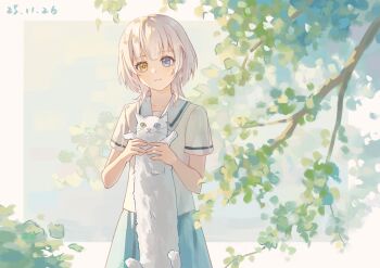 1girl :3 absurdres animal bang_dream! bang_dream!_it&#039;s_mygo!!!!! blue_eyes blue_skirt cat closed_mouth commentary dated heterochromia highres holding holding_animal holding_cat hu_pi_xuan_jiao kaname_raana longcat_(meme) looking_at_viewer medium_hair meme raana_the_cat school_uniform serafuku shirt short_sleeves skirt solo white_hair white_shirt yellow_eyes