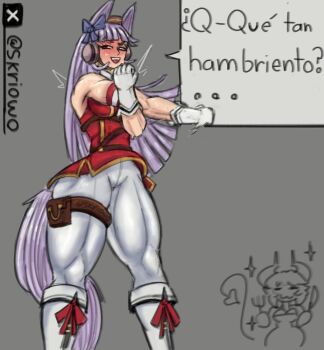 1girl animal_ears artist_logo artist_name bare_shoulders blush boots breasts dress eyelashes feet_out_of_frame female_focus from_below from_side gloves gold_ship_(umamusume) grey_background horse_ears horse_girl horse_tail large_breasts logo long_hair matching_hair/eyes muscular muscular_arms muscular_female muscular_legs open_mouth pants pink_eyes pink_hair red_dress short_dress simple_background skriowo sleeveless sleeveless_dress smile smug solo spanish_text speech_bubble standing tail teeth thick_thighs thighs translation_request umamusume upper_teeth_only white_boots white_gloves white_pants