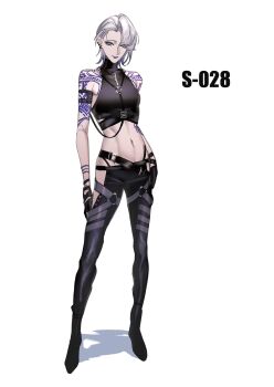 1girl absurdres arm_tattoo bare_arms belt black_footwear black_gloves black_pants black_shirt closed_mouth commentary_request crop_top ear_piercing full_body gloves grey_eyes grey_hair highleg highleg_panties highres medium_hair navel navel_piercing panties pants path_to_nowhere piercing shadow shirt shoulder_tattoo simple_background sleeveless sleeveless_shirt solo standing tattoo thigh_strap toho10min toned toned_female underwear white_background zoya_(path_to_nowhere)