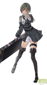 Rule 34 | 1girl, absurdres, belt, belt buckle, black boots, black jacket, black necktie, boots, buckle, coat, collared shirt, commentary request, earrings, fold-over boots, full body, girls band cry, green eyes, green hair, grey coat, grin, hair between eyes, highres, holding instrument case, jacket, jewelry, lapels, looking at viewer, mole, mole under eye, necktie, notched lapels, pinky out, rupa (girls band cry), shaymas, shirt, short hair, shorts, simple background, smile, solo, thigh belt, thigh boots, thigh strap, white background, white shorts