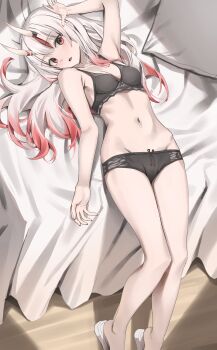 1girl absurdres arm_up black_bra black_panties bra breasts commentary grey_hair hair_between_horns highres hip_bones hololive horns long_hair lying multicolored_hair nakiri_ayame navel on_back on_bed oni open_mouth panties red_eyes red_hair red_streaks revision scarlet_(wv0102) skin-covered_horns small_breasts solo streaked_hair symbol-only_commentary underwear underwear_only virtual_youtuber