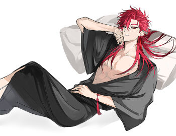 1boy abs alternate_costume alternate_hairstyle bare_pectorals black_robe bracelet chinese_knot collarbone crossed_legs earrings enermy4 feet_out_of_frame hair_down hand_on_own_cheek hand_on_own_face hand_on_own_stomach head_rest highres jewelry long_hair looking_at_viewer lying male_focus nipples on_back open_clothes open_robe parted_lips pectoral_cleavage pectorals pillow red_eyes red_hair robe shiguang_dailiren simple_background single_earring smile solo tassel tassel_earrings toned toned_male white_background wide_sleeves xiao_weiying