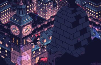 1girl animated animated_gif black_dress black_hair bow broom broom_riding building city cityscape clock clock_tower commentary dress english_commentary hair_bow highres jiji_(majo_no_takkyuubin) kiki_(majo_no_takkyuubin) looping_animation majo_no_takkyuubin night outdoors pixel_art pixelhoo red_bow scenery short_hair tower wide_shot