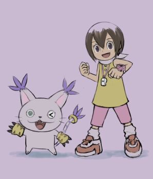 Rule 34 | 1girl, :3, body fur, brown eyes, brown hair, cat, digimon, digimon (creature), digimon adventure, digivice, fangs, full body, highres, mas square, one eye closed, pink shoes, shirt, shoes, short hair, tailmon, white fur, yagami hikari, yellow shirt